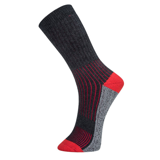 Black hiker sock. Sock has red and grey accents on the sole, heel and toe.