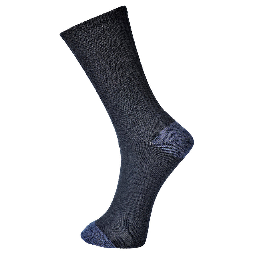 Black classic cotton sock with navy toe and heel area.
