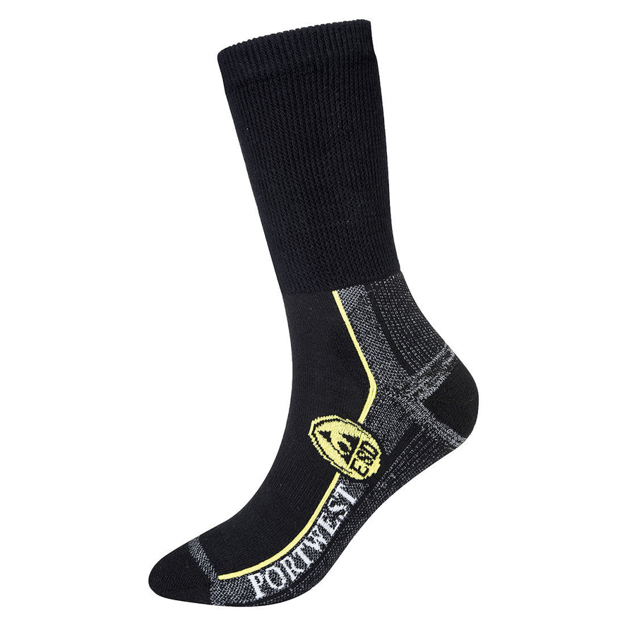 Black ESD work sock with yellow and grey ESD Portwest markings.