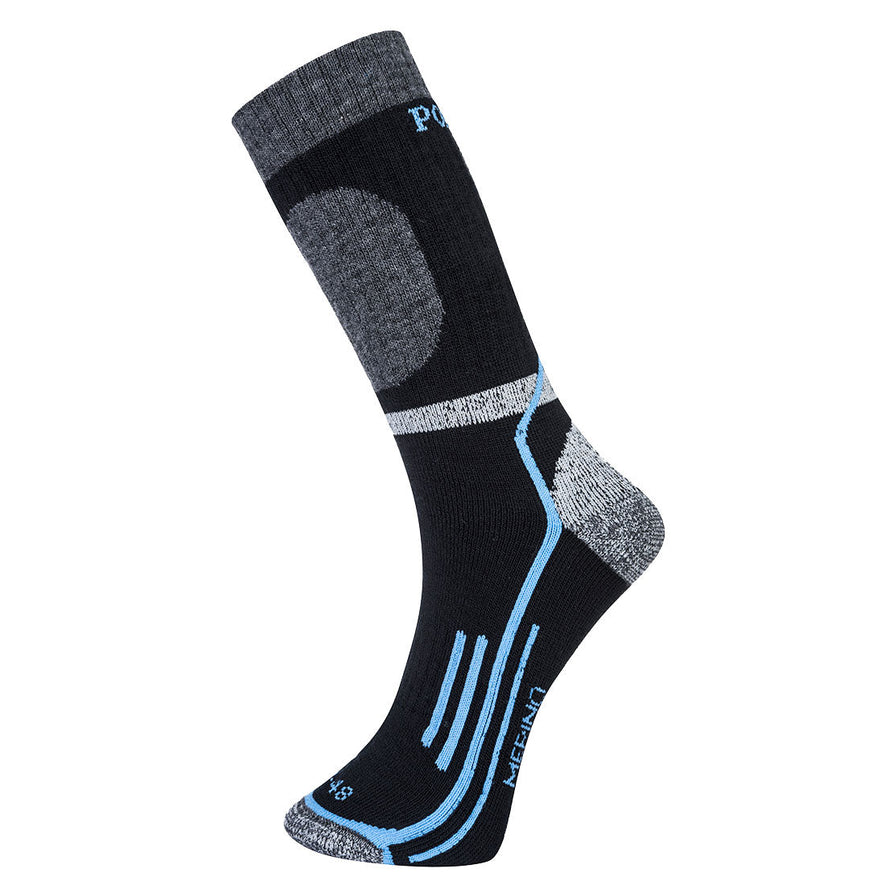 Black portwest winter merino sock. Sock has a grey area on the toe, heel and upper of the sock. Sock also has blue contrast through out.