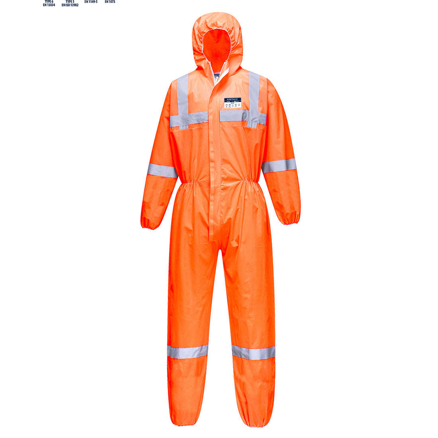 Orange disposable visex sms hooded hi vis coverall. The coverall is a type 5/6 coverall. The hood and cuffs are all elasticated optimising the whole body for protection. Coverall has hi vis bands on the chest, shoulders, arms and legs.