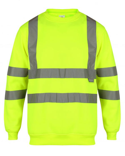 Yellow Hi vis crew neck sweatshirt. Sweatshirts have two hi vis waist bands and hi vis shoulder bands.