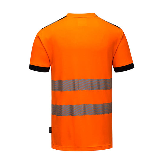 Orange PW3 Hi-Vis T-Shirt S/S with chest pocket and reflective strips and black trim on shoulder and sleeves