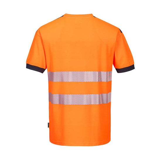 Orange PW3 Hi-Vis T-Shirt S/S with chest pocket and reflective strips and grey trim on shoulder and sleeves
