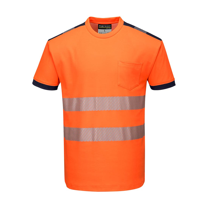 Orange PW3 Hi-Vis T-Shirt S/S with chest pocket and reflective strips and navy trim on shoulder and sleeves