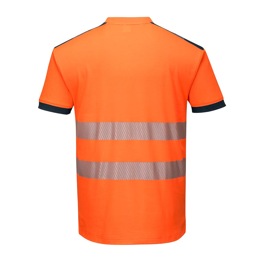 Orange PW3 Hi-Vis T-Shirt S/S with chest pocket and reflective strips and navy trim on shoulder and sleeves