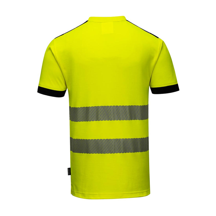 Yellow PW3 Hi-Vis T-Shirt S/S with chest pocket and reflective strips and black trim on shoulder and sleeves