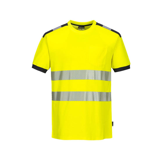 Yellow PW3 Hi-Vis T-Shirt S/S with chest pocket and reflective strips and grey trim on shoulder and sleeves
