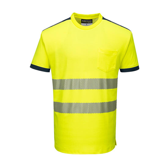 Yellow PW3 Hi-Vis T-Shirt S/S with chest pocket and reflective strips and navy trim on shoulder and sleeves