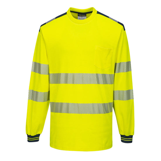Yellow PW3 long sleeve Hi vis t-shirt with navy contrast on the shoulders and end of sleeves. Two hi vis bands on the waist and arms as well as on the shoulders. Chest pocket on the left side.