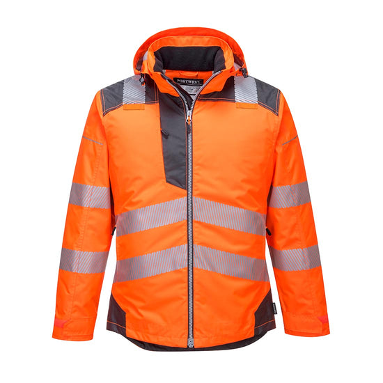 PW3 Hi-Vis hooded winter jacket. Jacket in orange with grey contrast on the shoulders bottom of the jacket, chest  and sleeves. Jacket has reflective strips across middle, bottom and shoulders.