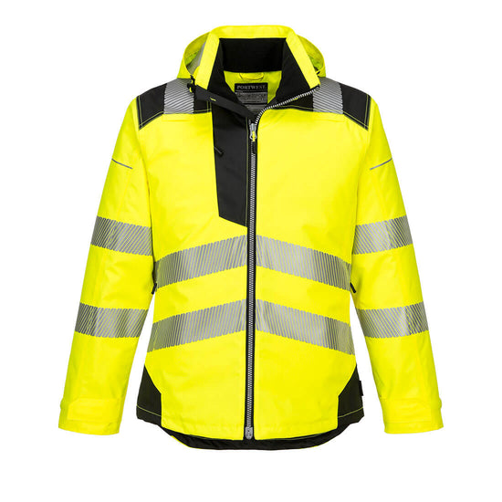 PW3 Hi-Vis hooded winter jacket. Jacket in yellow with black contrast on the shoulders bottom of the jacket, chest  and sleeves. Jacket has reflective strips across middle, bottom and shoulders.