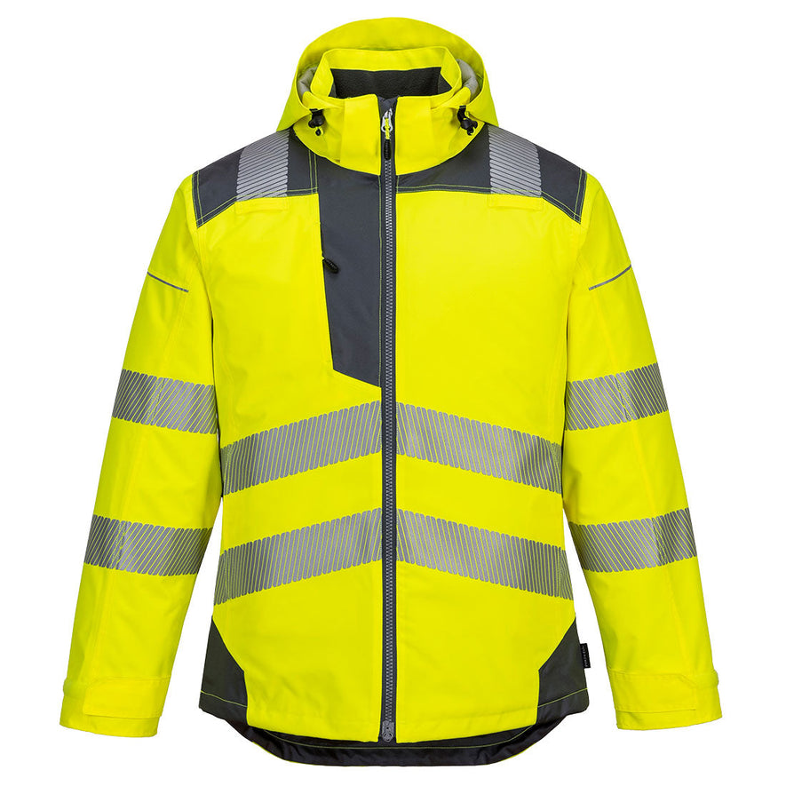 PW3 Hi-Vis hooded winter jacket. Jacket in yellow with grey contrast on the shoulders bottom of the jacket, chest  and sleeves. Jacket has reflective strips across middle, bottom and shoulders.