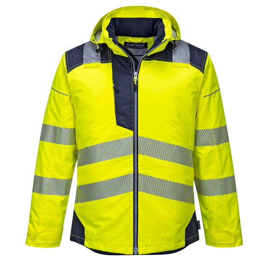 PW3 Hi-Vis hooded winter jacket. Jacket in yellow with navy contrast on the shoulders bottom of the jacket, chest  and sleeves. Jacket has reflective strips across middle, bottom and shoulders.