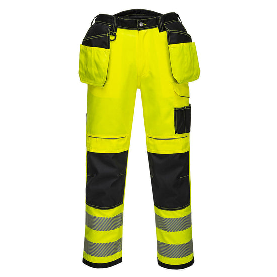 PW3 Hi-Vis Holster trousers in Yellow with black contrast on the belt and pocket area as well as the kneepad pocket area. Trousers have pockets, belt loops, knee pad pockets and holster style pockets. Trousers have hi vis bands on the ankles.