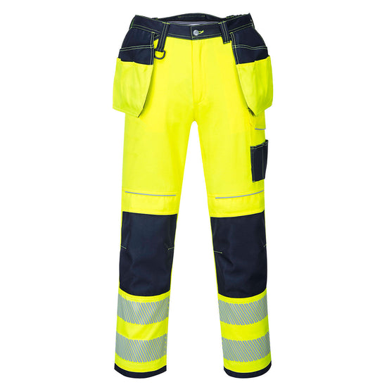 PW3 Hi-Vis Holster trousers in Yellow with Navy contrast on the belt and pocket area as well as the kneepad pocket area. Trousers have pockets, belt loops, knee pad pockets and holster style pockets. Trousers have hi vis bands on the ankles.