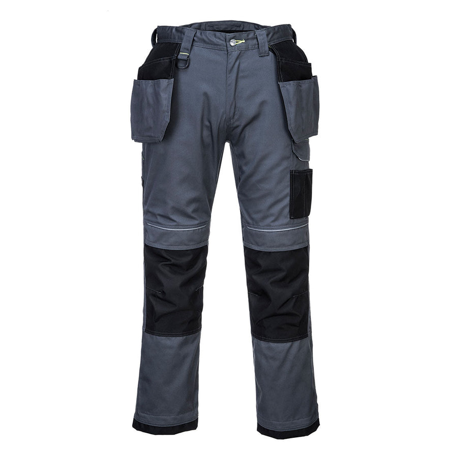 Zoom grey Portwest PW3 Holster work Trouser. Trousers have holster pockets with a d loop and yellow stitching. Trousers also have knee pad pockets. Trousers have black contrast on the kneepad pockets.