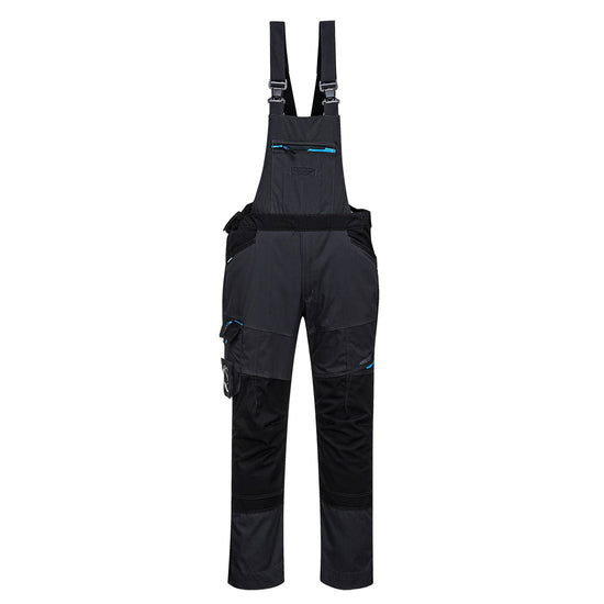 Metal grey WX3 bib and brace. Bib and brace has side pockets, kneepad pockets, front chest pocket and shoulder support straps. Bib and brace have black contrast on the kneepad and waist.