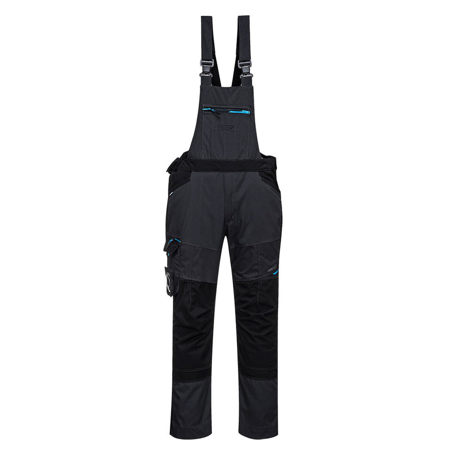 Metal grey WX3 bib and brace. Bib and brace has side pockets, kneepad pockets, front chest pocket and shoulder support straps. Bib and brace have black contrast on the kneepad and waist.