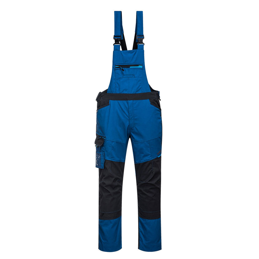 Persian Blue WX3 bib and brace. Bib and brace has side pockets, kneepad pockets, front chest pocket and shoulder support straps. Bib and brace have black contrast on the kneepad and waist.