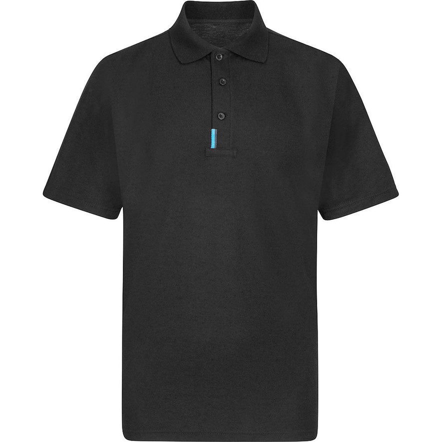 Black portwest WX3 polo shirt. Shirt has button fasten and blue WX3 branding on the button area.