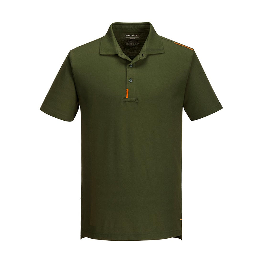 Olive green portwest WX3 polo shirt. Shirt has button fasten and orange WX3 branding on the button area.