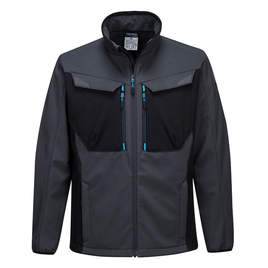 Metal grey Portwest WX3 Softshell Jacket. Jacket has black chest pockets, side pockets and zip fasten. Black contrast on the chest and along the sides.