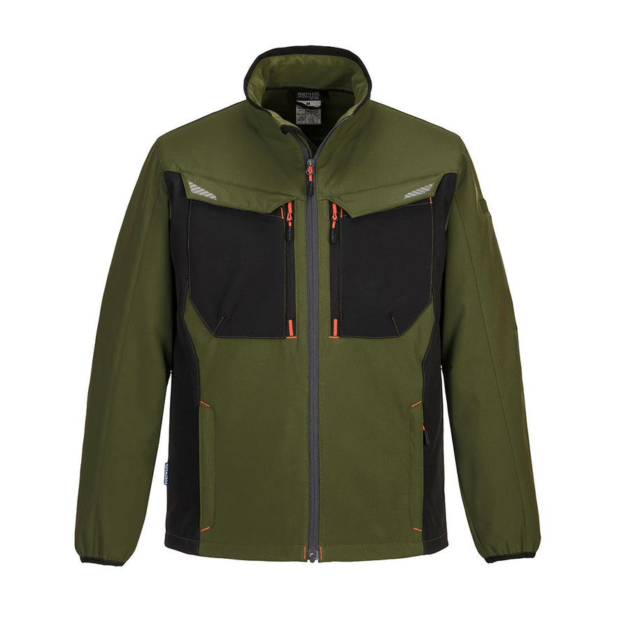 Olive Green Portwest WX3 Softshell Jacket. Jacket has black chest pockets, side pockets and zip fasten. Black contrast on the chest and along the sides.