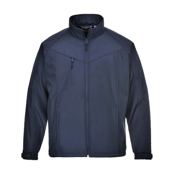 Navy Portwest Oregon Softshell jacket. Jacket has a zip chest pocket and two zip side pockets.