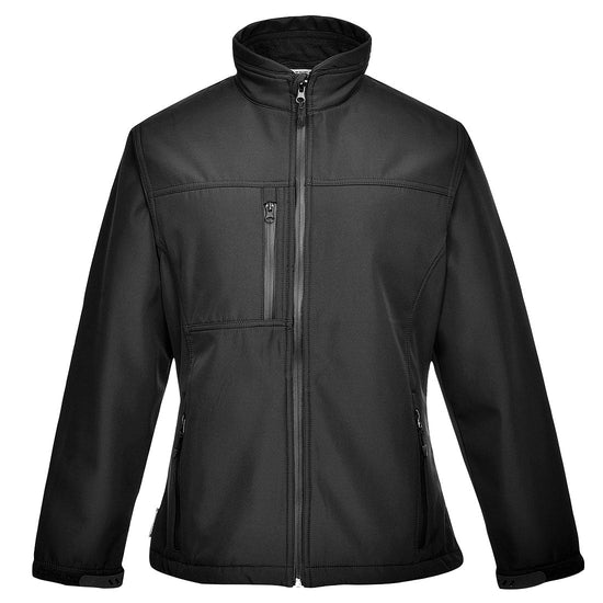 Black Ladies Softshell with long sleeves, full zip fastening, collar and zipped pockets on chest and lower sides.