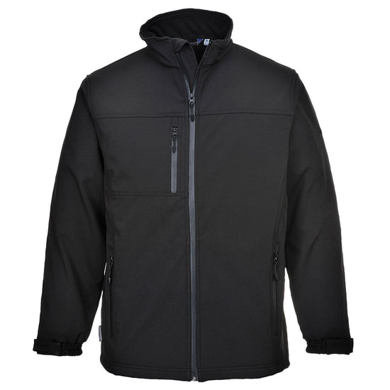 Black Portwest shoftshell Jacket. Jacket is full zip fasten and has zip pockets on the side and chest.