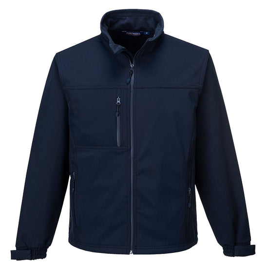 Navy Portwest shoftshell Jacket. Jacket is full zip fasten and has zip pockets on the side and chest.