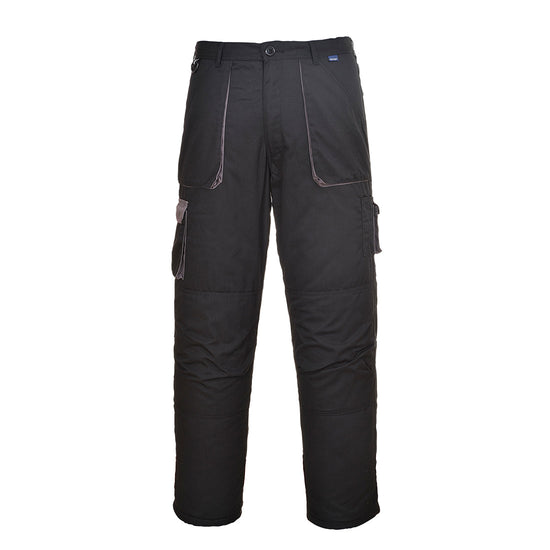 Black Portwest Texo Contrast trouser. Trouser has pockets on the sides adn cargo style trousers on the lower knee. Trousers have grey contrast on the sides of the pockets and cargo pocket flaps.