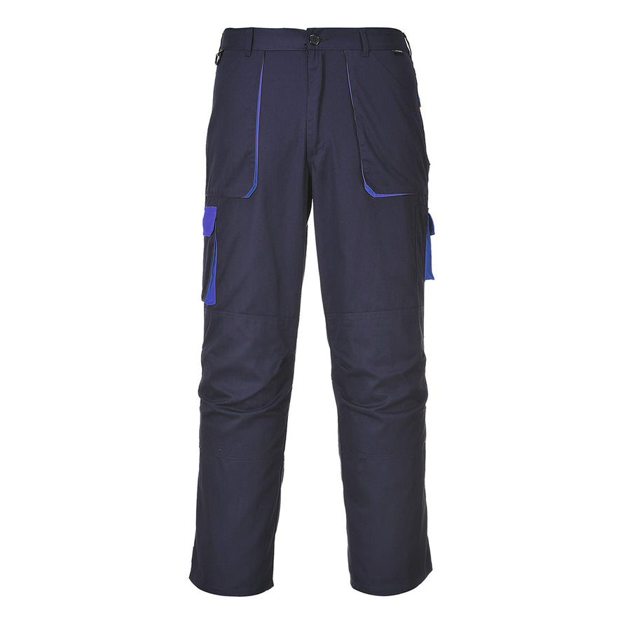 Navy Portwest Texo Contrast trouser. Trouser has pockets on the sides adn cargo style trousers on the lower knee. Trousers have royal blue contrast on the sides of the pockets and cargo pocket flaps.