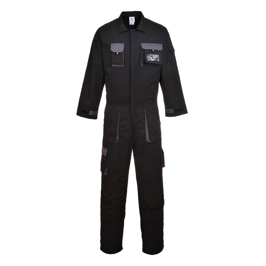 Black portwest Texo coverall, Coverall has pockets on the sides, legs and chest. Chest pocket on the left has a ID badge holder. Coverall has grey contrast on the pocket outer.