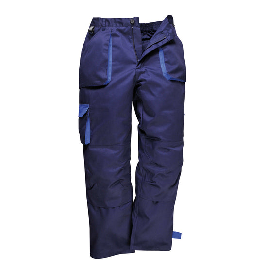 Navy Portwest Texo Contrast lined trouser. Trouser has pockets on the sides adn cargo style trousers on the lower knee. Trousers have royal blue contrast on the sides of the pockets and cargo pocket flaps.