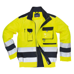 Yellow and navy two tone hi vis Lille jacket with two waist bands. Zip fasten with waist pockets, two chest pockets, a d ring loop, arm pocket and Id badge holder. Jacket has navy contrast on the bottom of the jacket and arms between the hi vis bands and on the shoulders and collar.