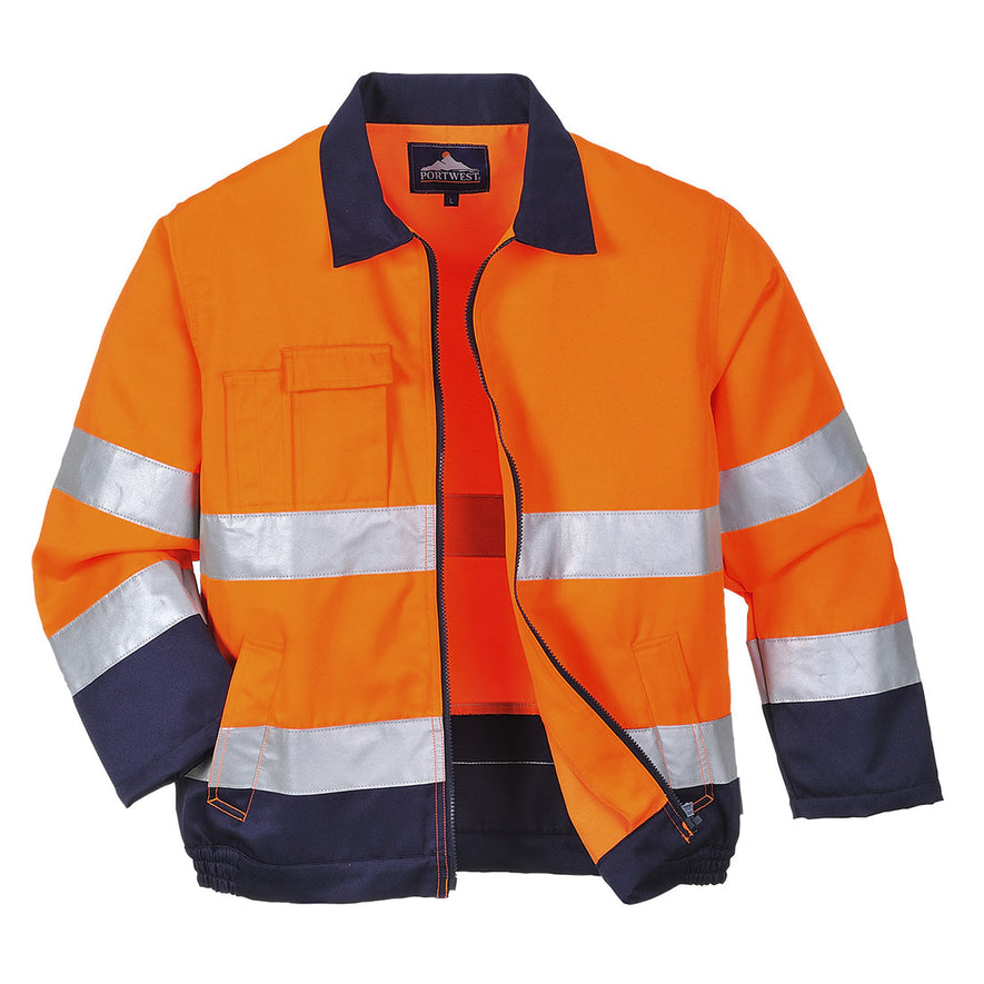 Portwest Madrid Orange Hi vis jacket with two waist bands and arm bands. Pop button and zip fasten with waist pockets and chest pocket. Navy contrast on the bottom of the arms and body.