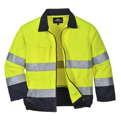 Portwest Madrid Yellow Hi vis jacket with two waist bands and arm bands. Pop button and zip fasten with waist pockets and chest pocket. Navy contrast on the bottom of the arms and body.