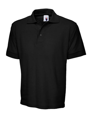 Uneek Clothing UC102, 250GSM Premium Poloshirt in black with short sleeves, collar and three button plackett.