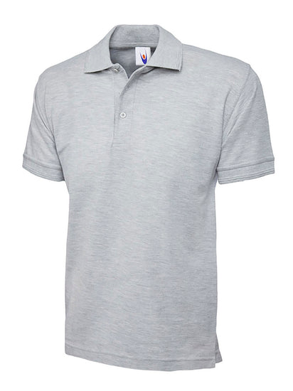 Uneek Clothing UC102, 250GSM Premium Poloshirt in heather grey with short sleeves, collar and three button plackett.