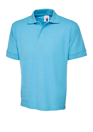 Uneek Clothing UC102, 250GSM Premium Poloshirt in sky blue with short sleeves, collar and three button plackett.