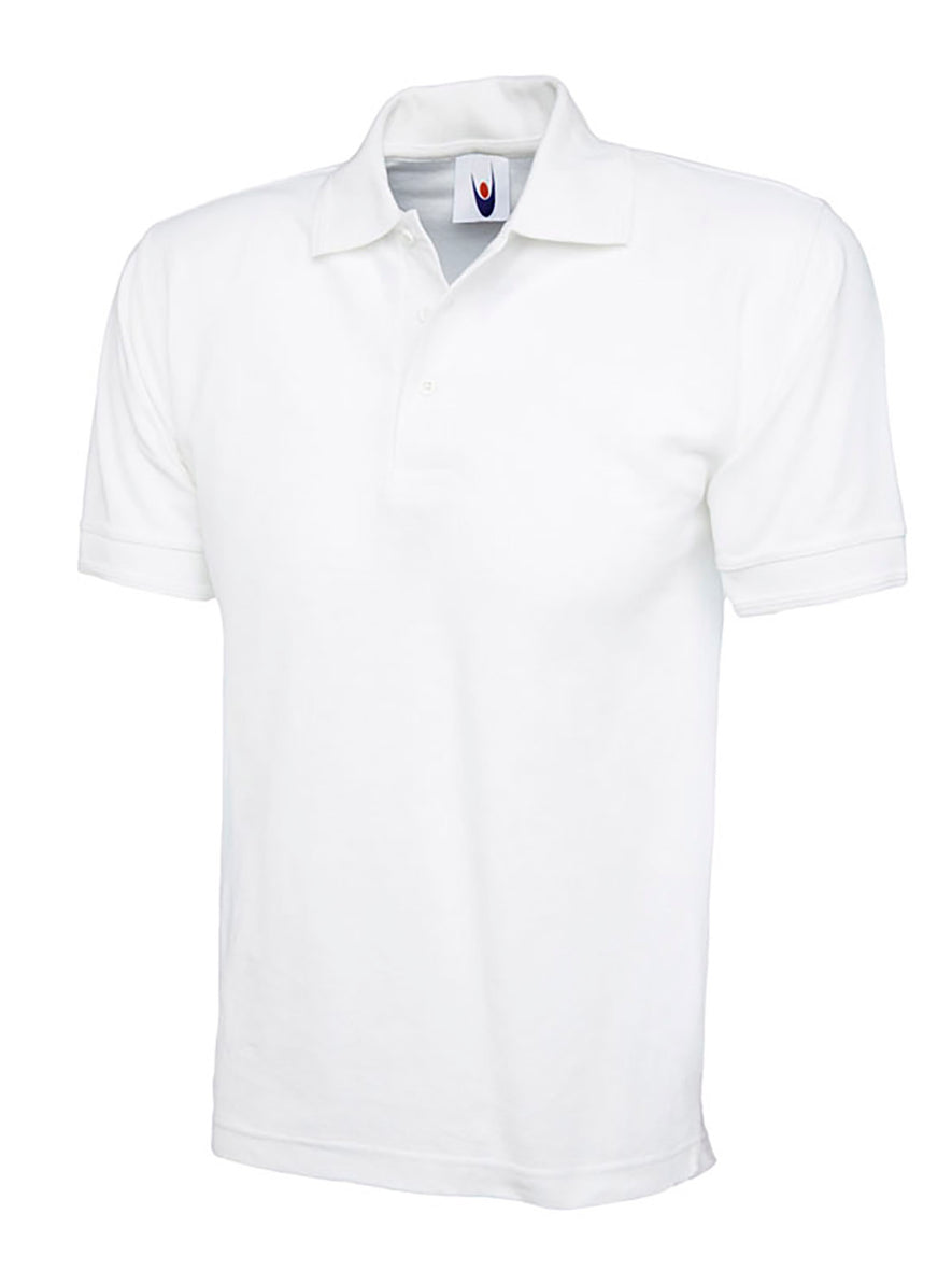 Uneek Clothing UC102, 250GSM Premium Poloshirt in white with short sleeves, collar and three button plackett.