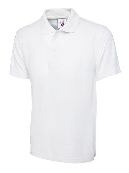 Uneek Clothing UC103 220GSM Childrens Poloshirt in white with short sleeves, collar and three button plackett.