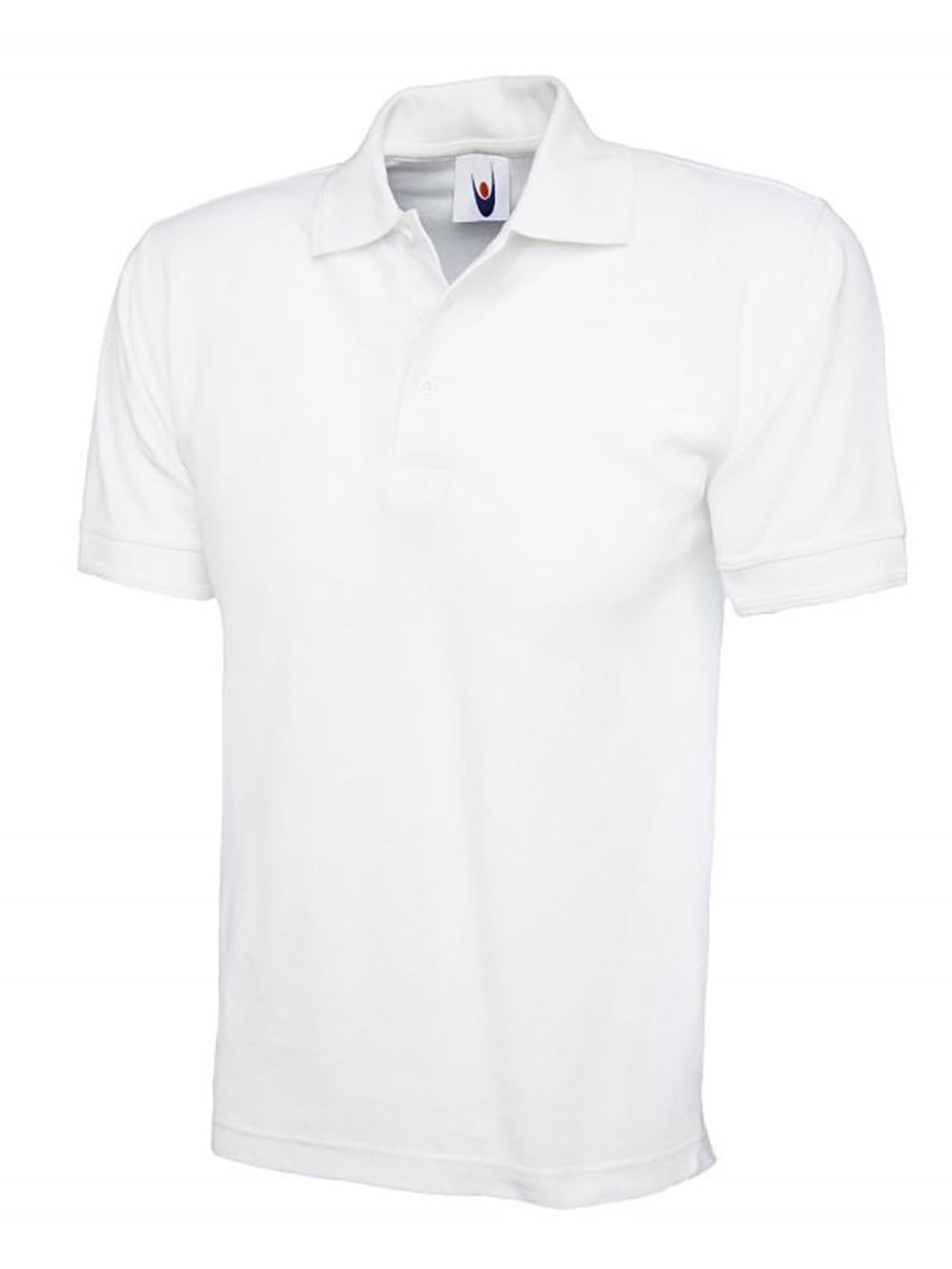 Uneek Clothing UC104 250GSM Ultimate Poloshirt in white with short sleeves, collar and three button plackett.