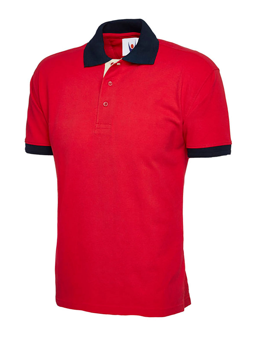 Uneek Clothing UC107 - 250GSM Contrast Poloshirt in red with short sleeves, collar and three button plackett. Collar and hem of sleeves are in navy and inside of plackett is white.