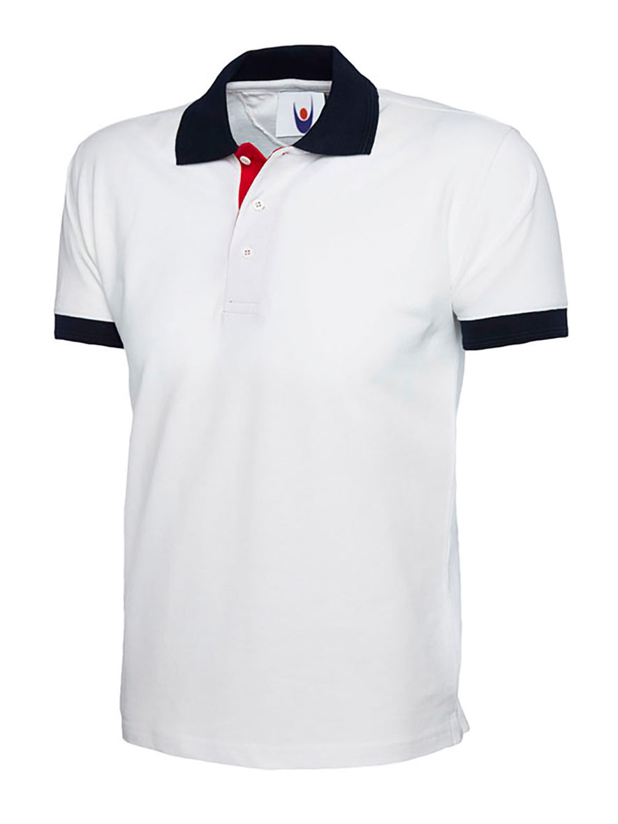 Uneek Clothing UC107 - 250GSM Contrast Poloshirt in white with short sleeves, collar and three button plackett. Collar and hem of sleeves are in navy and inside of plackett is red.