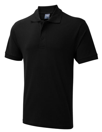 Uneek Clothing UC114 180GSM Men's Polo Shirt with short sleeves, collar and three button plackett in black.