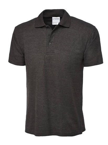 Uneek Clothing UC114 180GSM Men's Polo Shirt with short sleeves, collar and three button plackett in charcoal.