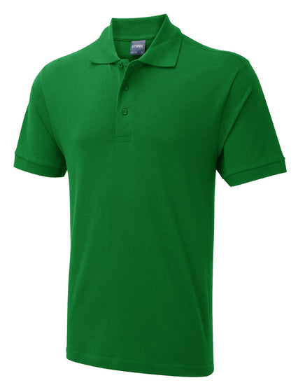 Uneek Clothing UC114 180GSM Men's Polo Shirt with short sleeves, collar and three button plackett in kelly green.